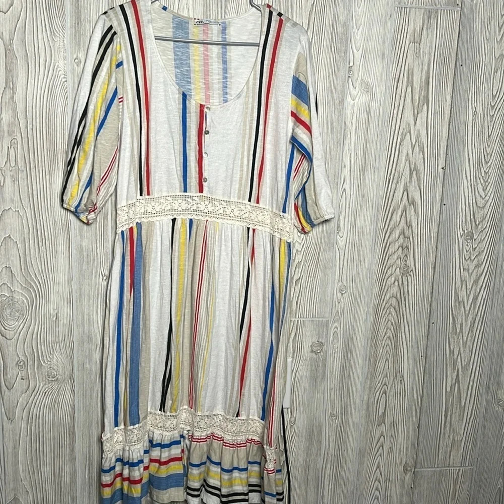 Zara Stripped Lace Accent Midi Dress Size Medium